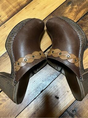 Dansko Brown Leather Clog Mules with Tan Braided Strap